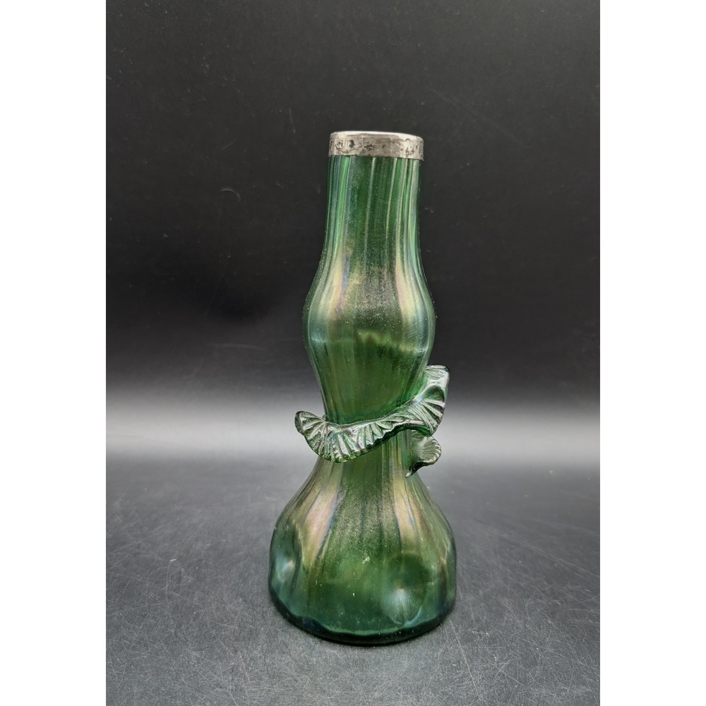 Antique Kralik Iridescent Green Art Glass Vase Ribbed Applied Rigaree Metal Rim